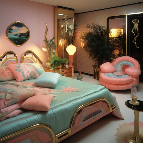 Postmodern Interior Design Bedroom, 80s Florida Interior, 80s Pastel Decor, 80s Florida Aesthetic, 80s Post Modern Bedroom, 80s Art Deco Bedroom, 80s Interior Design Bedroom, Retro Room Ideas 1980s, 80s Home Aesthetic