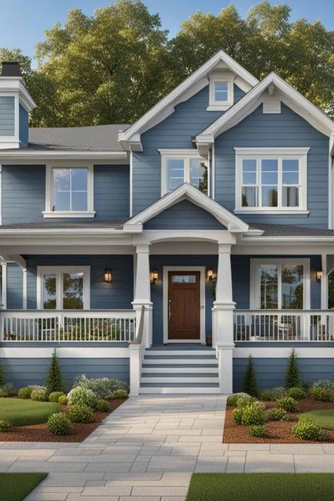 Blue House White Porch, Rainwashed Exterior House Paint, Outside Building Paint Colors, Blue House With Porch, Outdoor House Paint Colors Modern, Country House Exterior Colors, Best Blue Exterior Paint Colors, Blue Lake House Exterior, Exterior House Color Palette Ideas