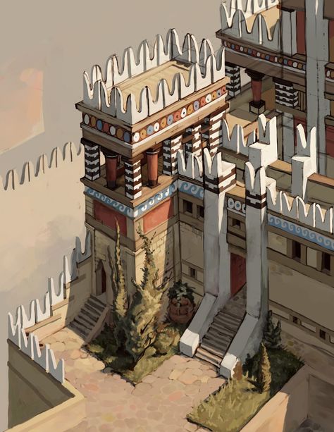 ArtStation - Minoan Palace Minoan Architecture, Minoan Art, Gardens Of Babylon, Fantasy World Map, Ancient Greek Architecture, Neoclassical Architecture, Architecture Building Design, Ancient Buildings, Minecraft Architecture