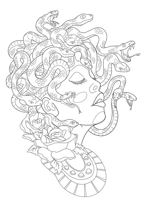 Beautiful Medusa - Medusa seen in profile, with its frightening snakes forming its hair. Medusa is a symbol of feminine beauty and passional love.  It's a powerful symbol that also represents strength and the power to defeat any enemy by turning them into stone.. . From the book “Realistic Tattoos Coloring Book” by Italian tattoo artist and author, Roberto “GiErre” Gemori . . Product page: coloringbook.pictures/index.html . . Author's website: Tattootribes.com. JustColor.net : Discover all ou Mythology Coloring Pages For Adults, Beautiful Medusa, Italian Tattoos, Tattoo Coloring Book, Medusa Tattoo Design, Legend Images, Snake Hair, Snake Drawing, African Symbols