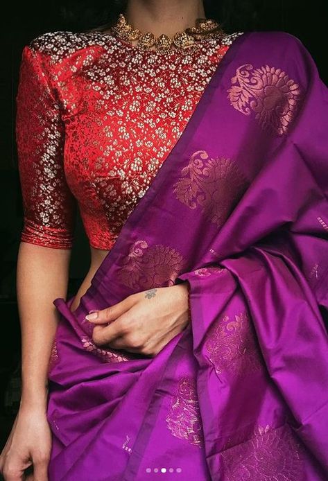 Purple Saree Contrast Blouse, Dark Purple Saree, Madhulika Kapilavayi, Magenta Saree, Saree Contrast Blouse, Alia Bhatt Saree, Ethnic Wears, Saree Blouses Designs, Fashionable Saree