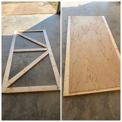 I had an idea for a simple barn door and wanted to see if I could build it myself. Measure and frame Measure doorway to get the measurements you need and use 1x4x8 boards to build frame. I used a staple gun to connect the boards and a miter saw for any cuts. Add back of door Finish framing door and add back. I used 4x8 foot 1/4 inch panel board and cut to needed size. I used staple gun to attach back. Paint and finish Paint/stain the door to your preference, you may decide to add bo… 4x8 Barn Door, Simple Barn Door, Diy Barn Door Cheap, Mirror Barn Door, Faux Marble Countertop, Barn Door Hinges, Building A Barn Door, Make A Door, Diy Planter Box