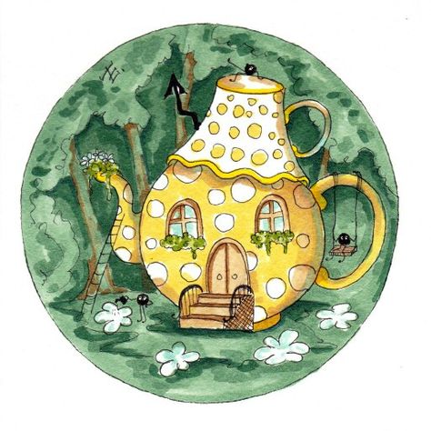 Cup House Illustration, Tiny House Illustration Art, Teapot House Illustration, Teapot House Drawing, House Illustration Art, Teapot Drawing, Teapot Illustration, Teapot House, Tea Pots Art