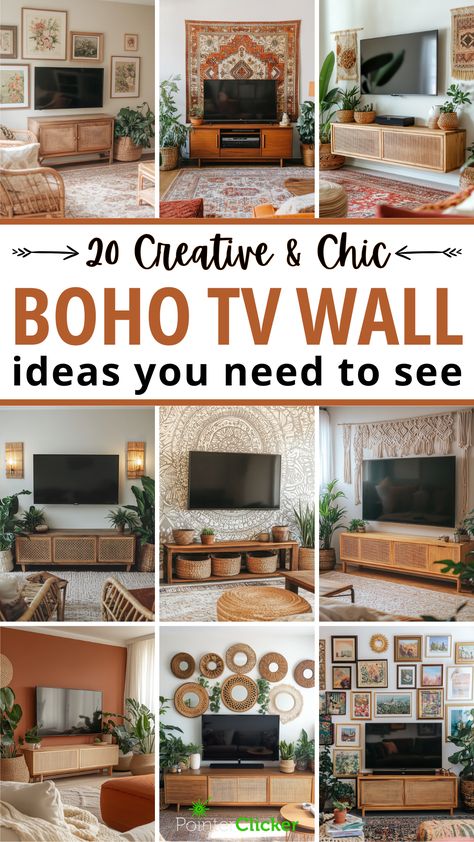 boho tv wall ideas Wall Decor Around Tv Console, Living Room Entertainment Center Ideas Small Spaces, Boho Rustic Wall Decor, Living Room Decor With Tv On Wall, Boho Credenza Decor, Green Accent Tv Wall, Pictures Behind Tv, Styling Around A Wall Mounted Tv, How To Decorate Tv Wall In Bedroom