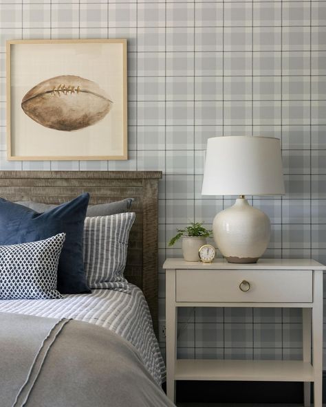 Bria Hammel Interiors (@briahammelinteriors) • Instagram photos and videos Pb Teen Boys Bedroom, Boys Bedroom Bedding, Neutral Plaid Wallpaper, Boys Room Plaid Wallpaper, Boys Plaid Bedroom, Blue Plaid Bedroom, Boys Vintage Bedroom, Plaid Wallpaper Bedroom, Plaid Boys Room