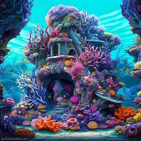 Fantasy Romance Art, Sea Creatures Art, Ocean Waves Painting, Sea Illustration, Underwater Painting, Life Under The Sea, Underwater City, Undersea World, Listen To Me