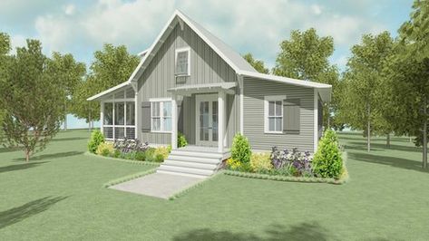 Pin Oak Retreat — Lake & Land Studio Farmhouse With Screened In Porch, Cottage Plans With Loft, Farmhouse Cottage Exterior, Farmhouse Cottage Plans, Granny Unit, Sugarberry Cottage, 2 Bed House, Small Cottage House Plans, House Plan With Loft