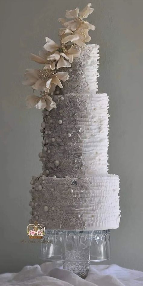 40 Beautiful Wedding Cake Trends 2023 : Pearl Cake with Cascading Floral Textured White Cake, Engagement Cake Decorations, Silver Wedding Anniversary Cake, Wedding Cake Designs Elegant, Wedding Cake Trends, Wedding Cake Images, Pearl Cake, Pretty Wedding Cakes, Wedding Anniversary Cakes