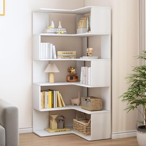 PRICES MAY VARY. STYLE - The staggered design of the shelves makes it more stylish and classy; FEATURES - L-shaped bookshelves fit perfectly in corners, maximize the use of space in a room; STRUCTURE - Floor-standing shelves without legs make for stronger and more stable; SCENES - Study, bedroom, living room, children's room, and office are all perfect scenarios for this shelf; ASSEMBLE - Clear step-by-step instructions make it easy to install this L bookcase. Still struggling with a small space Corner Bookshelves Ideas, Open Shelves Bedroom, Corner Book Shelf Ideas Aesthetic, Living Room Corner Shelf Unit, Reading Corner Standing Shelves, Bookshelves Ideas, Aesthetic White Bookshelf, Book Shelf Ideas Aesthetic, Small Library