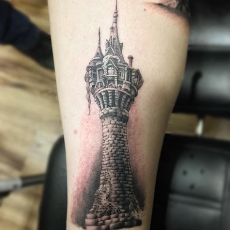 #tattoo #tattoos #rapunzel #disney #tower #rapunzelstower #blackandgreytattoo #blackandgrey #realismtattoo #realism #realistictattoo #littlebopea Cute Disney Tattoos, Tower Tattoo, Princess Tower, Rapunzel Tower, Rapunzel Disney, Beginner Tattoos, Make Tattoo, Realism Tattoo, Disney Tattoos