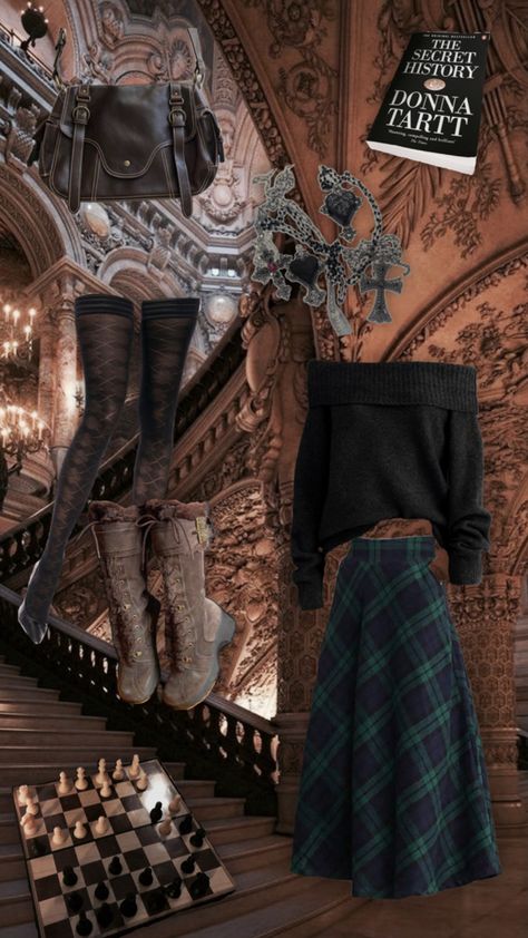 long plad skirt, oversized off the shoulder sweater, boots, stockings, dark academia, leather bag, the secret history donna tart, jewelry Ghost Academia, Dark Library Aesthetic, Horror Academia, Dark Library, Dark Academia Aesthetic Outfit, Academia Aesthetic Outfit, Dark Academia Outfit, Alternative Aesthetic, Academia Outfits