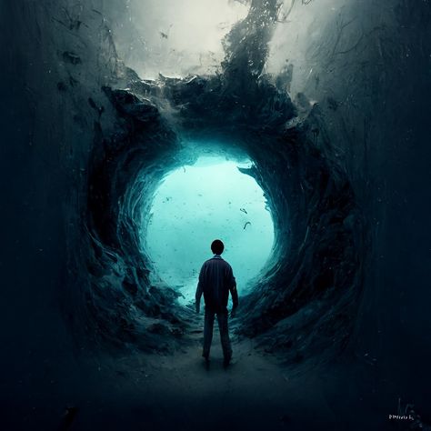 A man looking small compared to a big opening on a wall to a greenish light blue room. Represents the abyss and it's staring back. Staring Into The Abyss, Dark Abyss Aesthetic, Abyss Illustration, Up And Down, Leap Of Faith Art, Abyss Tattoo, The Abyss Art, Abyss Aesthetic, It's A Leap Of Faith