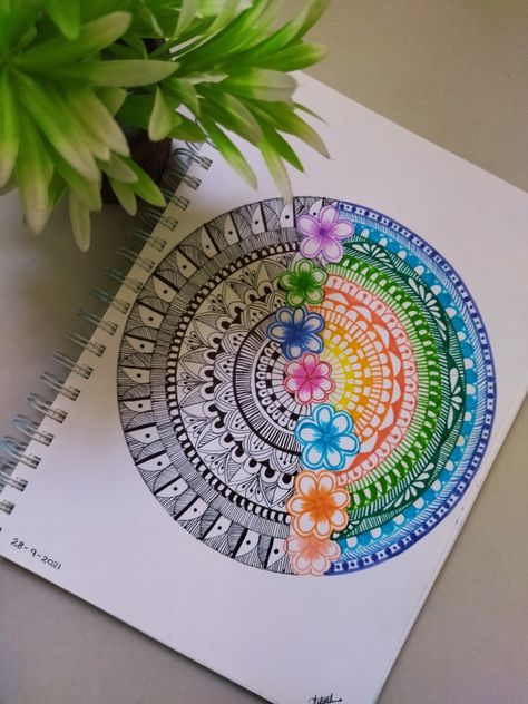 Color Wheel Mandala Project, Mandala Art With Brush Pen, Brush Pen Mandala Art, Pen Mandala, Song Painting, Mandala Making, Draw Mandala, Doodle Mandala, Rainbow Mosaic