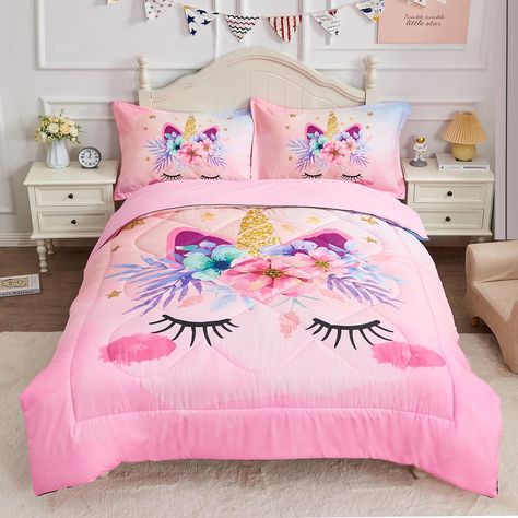 PRICES MAY VARY. 🦄BEDDING SET MATERIAL - Choose high quality microfiber, the kids comforter set is soft, breathable, lightweight, it is a cozy beddig set for all seasons, suitable for kids and children with high environmental requirements for their skin. 🌈BEDDING DIMENSIONS - Twin size bedding set 3 pieces. Includes 1x comforter (69"x90"/ 175x230cm), and 2x pillowcases (20"x30"/ 50x75cm). Please notice that the pillow inserts are not included. 🦄FLORAL UNICORN BED SET - Super soft material wit Unicorn Bed Set, Toddler Bedroom Sets, Toddler Bed Comforter, Pink Comforter Sets, Girls Bedroom Sets, Kids Comforter Sets, Toddler Bed Sheets, Toddler Comforter, Bedroom Decor For Women