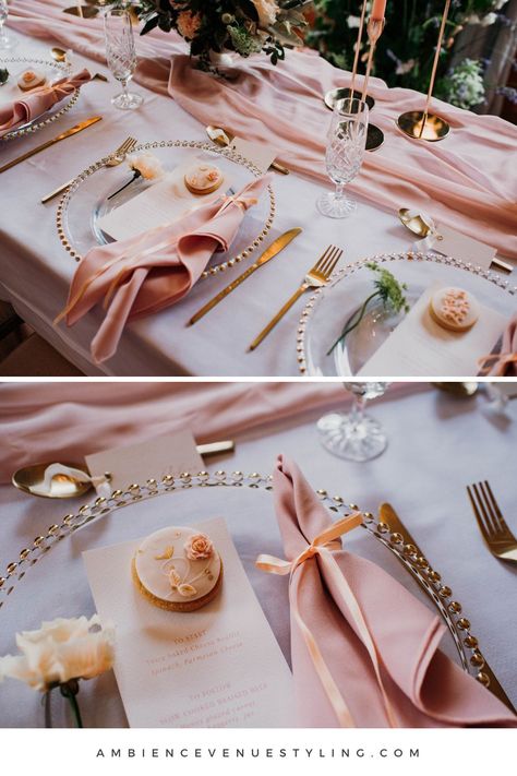 Blush Plates Wedding, Pink And Beige Table Setting, Napkins On Charger Plates, Shades Of Pink Table Setting, Pink Charger Plates Place Settings, Pink Table Setting Ideas, Pink Charger Plates, Gold Beaded Charger Plates Wedding, Wedding Table Napkin Ideas