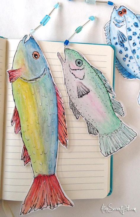 Fish Doodles, Fish Bookmark, Handmade Bookmarks Diy, Watercolor Fish, Watercolor Bookmarks, Bookmarks Kids, Two Fish, Diy Bookmarks, Book Markers