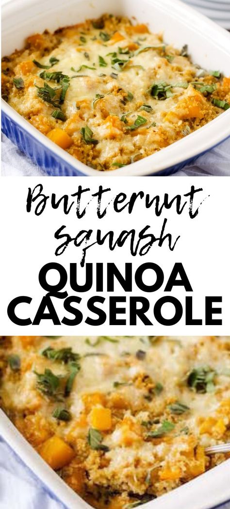 Thanksgiving wouldn’t be the same without Butternut Squash Casserole, and this healthy version with quinoa is so DELICIOUS and easy to make!  It also can serve as a vegetarian main course!  You will love this casserole recipe - AND you can make it ahead of time.  #wendypolisi #butternutsquashrecipe #casserole #quinoacasserole #glutenfree Squash Quinoa, Butternut Squash Casserole, Butternut Squash Quinoa, Healthy Butternut Squash, Quinoa Casserole, Vegetarian Casserole, Vegetarian Main Course, Vegetarian Quinoa, Vegetarian Dish