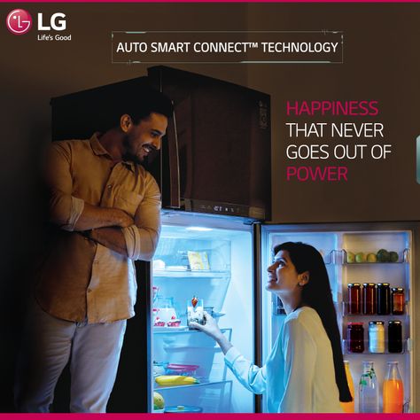 Run your fridge non-stop with Auto-Smart Connect Technology! During power cuts, #LG Frost Free Range of Refrigerators connects with the home inverter automatically and operates on it. Campaign Moodboard, 2 Door Fridge, Lg Fridge, Double Door Refrigerator, Food Advertising, Lg Electronics, Free Range, Double Door, Web Design Inspiration