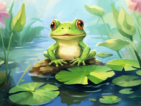 Frog poems Frog In A Pond Drawing, Frog Digital Art, Frog Pond Illustration, Frog Pond Drawing, Embrodiary Ideas, Cute Frog Painting, Frog Mural, Pond Sketch, Frog Poem