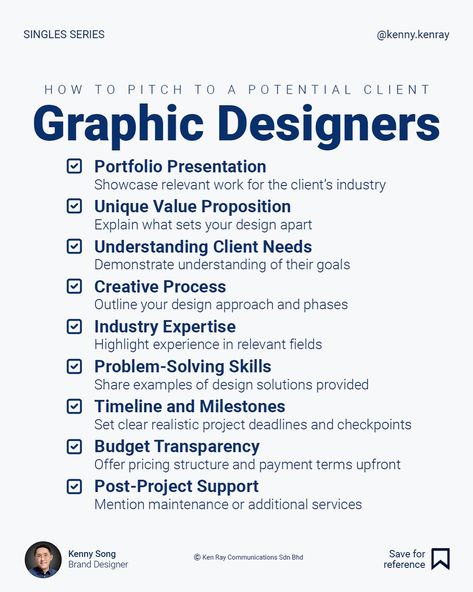 You have a potential client that is interested in your service. How do you pitch to potential clients so they feel assured about hiring you? This checklist can help streamline the pitch and communicate value efficiently.  Follow @kenny.kenray for more tips in branding and design. #businessofdesign #designbusiness #graphicdesigning #graphicdesign #graphicdesigner #graphicdesigntips #creative #creativity #creatives #creativeindustry #creativelife #freelancer #freelancerdesigner #clientexperi... Portfolio Presentation, Graphic Designer Portfolio, Value Proposition, The Pitch, Graphic Design Tips, Branding Kit, Graphics Designer, Creative Industries, Problem Solving Skills