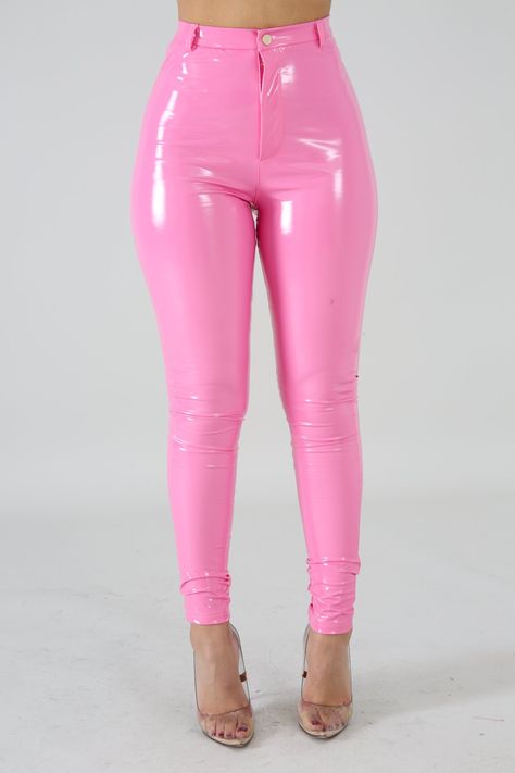 'Temptation' Hot Pink Vinyl Pants Hot Pink Clothes, Pink Leather Pants, Rubber Clothes, Pink Violin, Outfit Rosa, Hot Pink Outfit, Vinyl Pants, Vinyl Fashion, Mode Rose