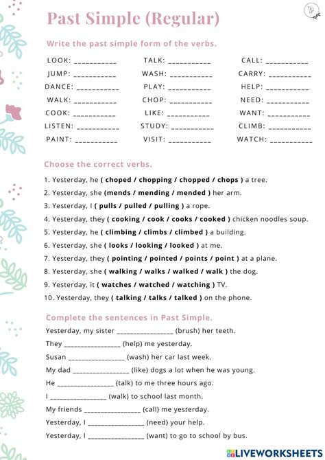 Past Tense Worksheet Regular Verbs, Past Simple Work Sheet, Regular Past Tense Worksheet, Past Simple Worksheets For Kids, Past Simple Regular Verbs Worksheets, Past Simple Exercises, Past Simple Grammar, Simple Past Worksheet, Past Simple Worksheets