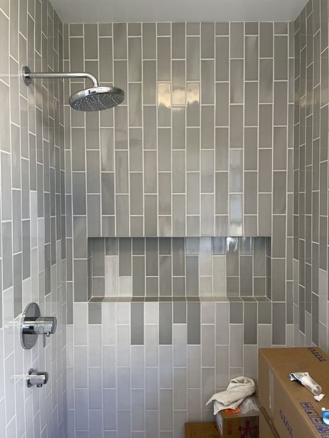 Large Subway Tile Bathroom, Stacked Subway Tile Bathroom, Vertical Subway Tile Bathroom, Vertical Shower Tile, Brick Tiles Bathroom, Textured Subway Tile, Oval Tile, Multi Color Tile, Restroom Remodel