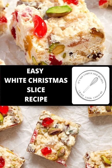 White Christmas Slice is a traditional sweet treat in many Australian households over the festive season. In fact, for many people here in Australia, Christmas would not be the same without this easily-made dessert. Creamy white chocolate, glacé cherries, pistachios, dried apricots and sultanas are combined with rice cereal and coconut for the perfect festive treat. Make this White Christmas recipe a tradition in your household too! Christmas Slice, Complicated Recipes, Rice Bubbles, Australia Christmas, Glace Cherries, Christmas Recipe, Rice Cereal, Slices Recipes, Xmas Food