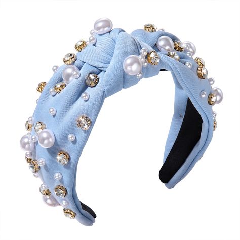 PRICES MAY VARY. 【Pearl Knotted Headband】Are you a pearl lover?! Our white Pearl Top Knot Headband is just what you need! The velvet material, top knot and pearls rhinestones jeweled headband will help dress up any outfit! Our Luxury Knotted Bling and Bedazzled Cloth Adult Headband is such a cute, trendy, and stylish hair accessory to complement almost any outfit this season. this unique and comfy hand sewn headband is sure to turn heads this season ! 【Comfy Pearl Hairband】The retro Tie Knot Hea Bachelorette Party Hair, Pearl Hairband, Sewing Headbands, Pearl Top, Bride Headband, Party Hair Accessories, Blue Headband, Jeweled Headband, Headband For Women