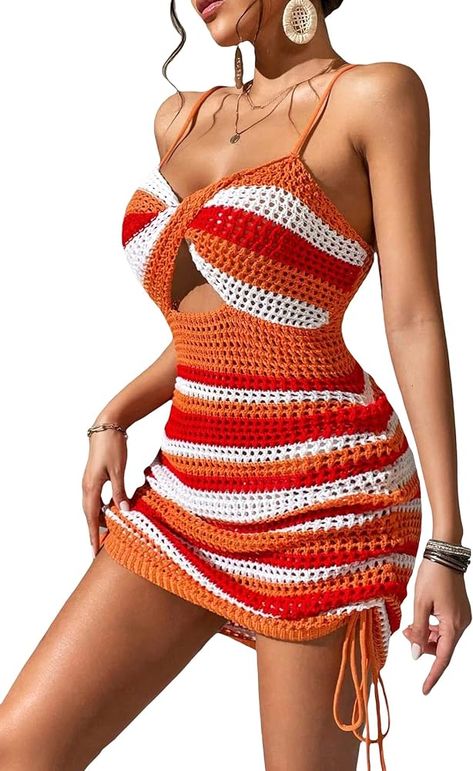 SHENHE Women's Bathing Suit Cover Ups Beach Cami Dress Crochet Swimsuits Swimwear Khaki and White L at Amazon Women’s Clothing store Crochet Ideas Dress, Crochet Fashion Dresses, Crochet Dress For Women, Crochet Swimwear Pattern, Chic Crochet Top, Crochet Dress Patterns, Crop Top Pattern, Crochet Crop Top Pattern, Mode Crochet