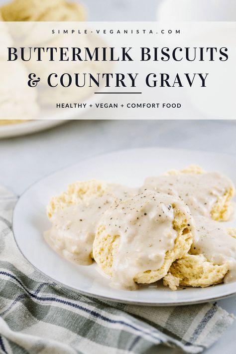 Vegan Biscuits & Gravy recipe made from scratch is a classic, hearty breakfast that takes you on a trip to the South! Easy recipe that's ready in 35 minutes, and perfect comfort food anytime of day, breakfast, brunch, lunch or dinner! #plantbased #healthyrecipes #vegan #biscuits #gravy #comfortfood Vegetarian Biscuits And Gravy, Dairy Free Gravy, Vegan Biscuits And Gravy, Dairy Free Biscuits, Vegan Buttermilk, Biscuits Gravy, Vegetarian Gravy, Vegan Biscuits, Country Gravy