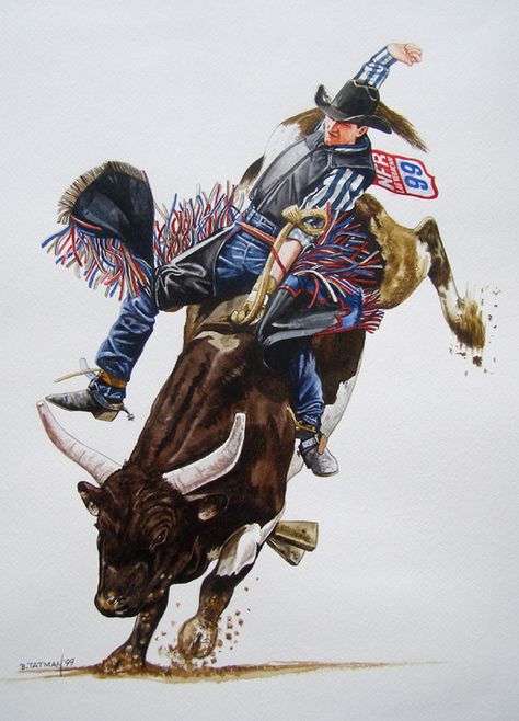 Bull Rider 14" X 18" watercolor Bucking Bull Drawing, Bull Rider, Bull Riding Tattoos, Bull Rider Tattoo, Bull Rider Drawing, Rodeo Art Ideas, Pbr Bull Riding Wallpaper, Bull Riding Illustration, Greek God Wallpaper Aesthetic