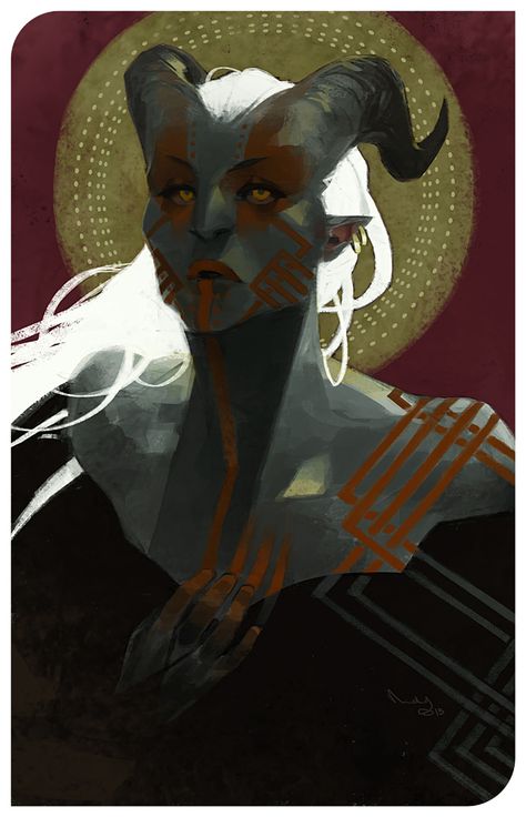 Sorcerer Armor, Dragon Born Female, Qunari Female, Female Qunari, Horns Illustration, Woman With Horns, Solas Lavellan, Armor Clothes, Dragon Age Tarot Cards