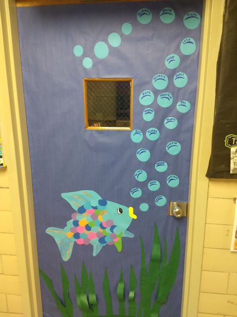 Underwater Door Decorations Classroom, Rainbow Fish Door Decorations Classroom, Rainbow Fish Classroom Door, Rainbow Fish Decorations, Fish Decorations For Classroom, Rainbow Fish Door Decoration, Fish Door Decorations Classroom, Under The Sea Classroom Door Ideas, Rainbow Fish Classroom Theme