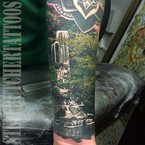 .... Waterfall Tattoos, Japanese Jungle, Waterfall Tattoo, Steve Butcher Tattoo, Botanical Tattoo Design, Tattoo Ideas Female Sleeve, Jungle Tattoo, Hunter Tattoo, Scene Tattoo