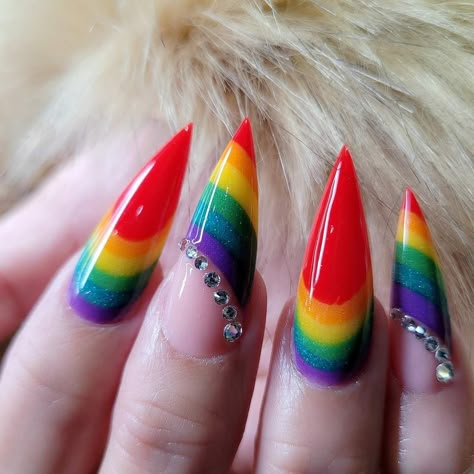 Pride Nail Designs Acrylic, Pride Nails Stiletto, Pride Nails Ideas, Pride Nail Art Designs, Pride Inspired Nails, Pride Nails 2023, Lesbian Nails Acrylic, Rainbow Stiletto Nails, Stiletto Nail Art Summer