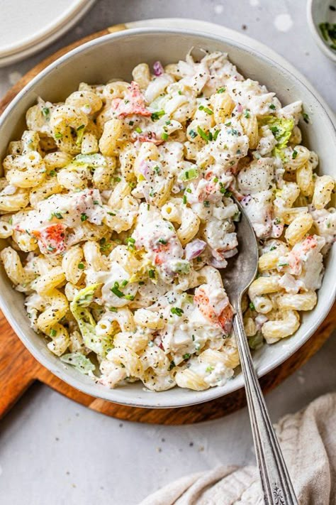 Lobster Roll Pasta Salad, inspired by one of my favorite summer sandwiches – a lobster roll – is loaded with lobster in every bite! #lobster #pastasalad #lobsterroll #BBQsides #pasta #pescatarian #lobsterrecipes #macaronisalad Lobster Pasta Salad, Salad Appetizer Cups, Lobster Pasta, Summer Sandwiches, Lobster Salad, Yummy Salads, Lobster Recipes, Easy Pasta Salad, Skinny Taste Recipes