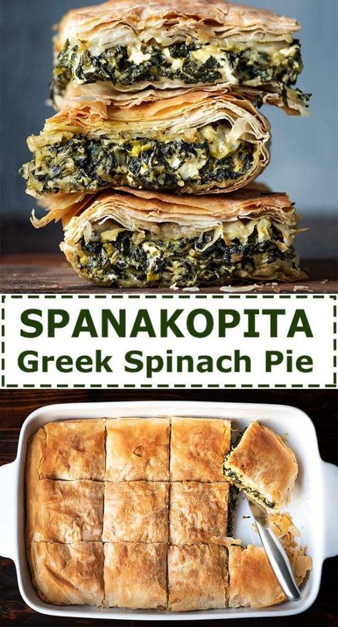 Spanakopita (Greek spinach pie) + video Greek Spinach Pie Spanakopita Phyllo Dough, Traditional Spanakopita Recipe, Spinach Greek Pie Spanakopita Recipe, Healthy Spanakopita Recipe, Spinach Pie With Fresh Spinach, Recipe For Spanakopita, Vegetarian Phyllo Recipes, Baked Spanakopita Tortilla, Feta Cheese Spinach Recipes