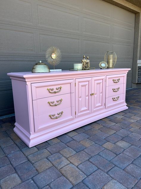 SOLD! Please Do Not Purchase Beautiful Vintage Dresser/Credenza/ Sideboard/ Nursey.  This  is a Vintage piece. All handles and hardware are original to keep the gorgeous  aged/vintage look. This is a solid wood piece and would be beautiful in any area of your home. Visit Restoredbymoi.com for discounts. Shipping: Customer pays shipping cost. Please note that shipping furniture can be expensive. I have incorporated a flat rate shipping cost for my customers. USHIP and CitizenShipper are the compa Colorful Dresser Makeover, Maximalist Nursery Decor, Trunk Painting Ideas Diy, Light Pink Dresser, Refurbished Furniture Ideas, Hot Pink Furniture, Mcm Credenza, Dresser Pink, Dressers Bedroom