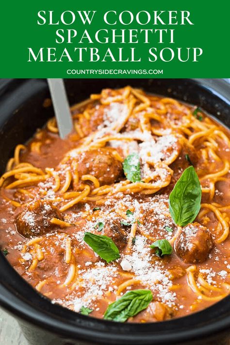 This Slow Cooker Spaghetti Meatball Soup is pure comfort food! A wonderful tomato soup filled with flavorful meatballs and tender spaghetti! #slowcookersoup #spaghettimeatballsoup Spaghetti And Meatball Soup, Flavorful Meatballs, Spaghetti Soup, Recipes Using Ground Beef, Chicken Noodle Soup Crock Pot, Slow Cooker Spaghetti, Slow Cooker Meatballs, Homemade Soup Recipe, Meatball Soup