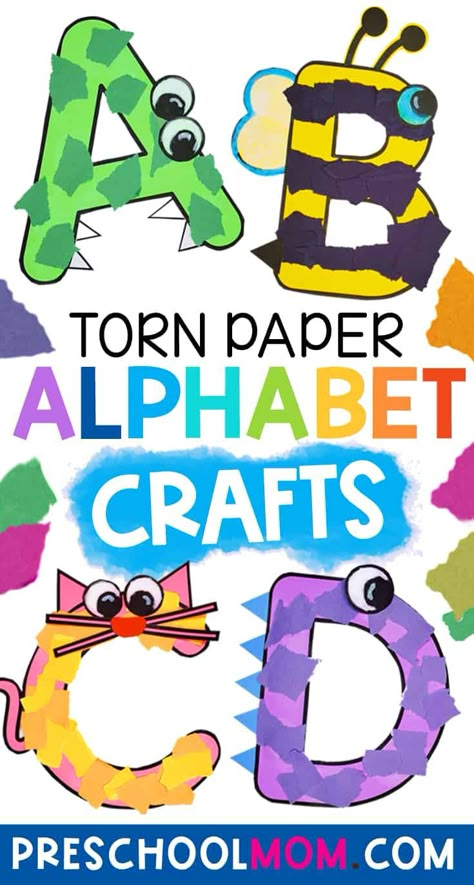 Kids get crafty while learning their ABCs with these adorable easy to assemble letter-based animals and objects! Get all 26 letter crafts for free in an instant download! #superstarworksheets #free #papertearing #lettercrafts #alphabetcrafts #preschool #kindergarten #toddlers #crafts A Arts And Crafts Letter, Learning Letter I Preschool, Letter E Toddler Crafts, Learn My Name Preschool, Letter Crafts For Preschoolers Alphabet, Letter P Arts And Crafts For Preschool, Abc Animal Letters, Letter P Crafts For Kindergarten, Preschool Letter I Crafts