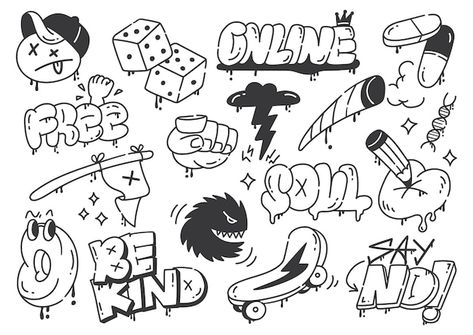 Set of hand drawn graffiti doodle vector... | Premium Vector #Freepik #vector #graffiti #grafitti #graffiti-wallpaper #graffiti-wall 90s Graffiti Street Art, Graffiti Add Ons, Graffiti Cartoons Doodles, Graffiti Doodles Ideas, Wall Graffiti Ideas, Easy Graffiti Art, Graffiti Doodles Easy, Graffiti Illustrations, Doodle Graffiti