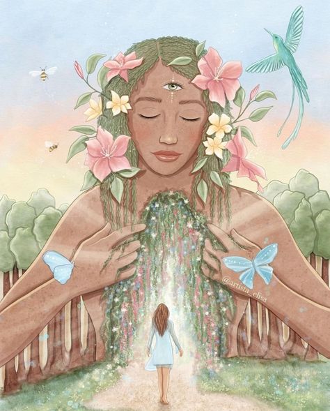 Sheila Core Aesthetic, Spiritual Artwork Divine Feminine, Spiritual Art Goddesses, Nature Woman Art, Goddess Background, Abundance Drawing, Spiritual Drawings, Mother Earth Art, Ho Oponopono