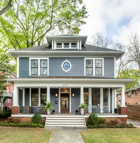 Midtown-American Foursquare Full Home Remodel | Alair Homes Decatur American Four Square House Exterior Colors, Speck House Plans, Houses In Savannah Georgia, Painted Chimney Exterior, Four Square House Exterior, Four Square Homes Interior, 1920s House Exterior, 1900s House, Craftsman Style Exterior