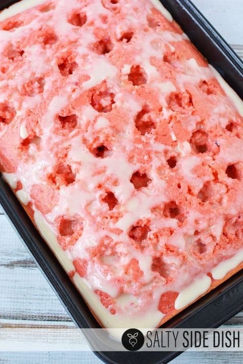 May 16, 2020 - Easy Strawberry Poke cake made with sweetened condensed milk, delicious whipped topping, and loads of real strawberries - Incredible Recipe that is SO easy! Key Lime Pie Cake, Dessert Strawberries, Strawberry Poke Cake, Strawberry Sheet Cakes, Banana Pudding Poke Cake, Strawberry Poke Cakes, Condensed Milk Cake, Brownie Mix Cookies, Fresh Strawberry Cake