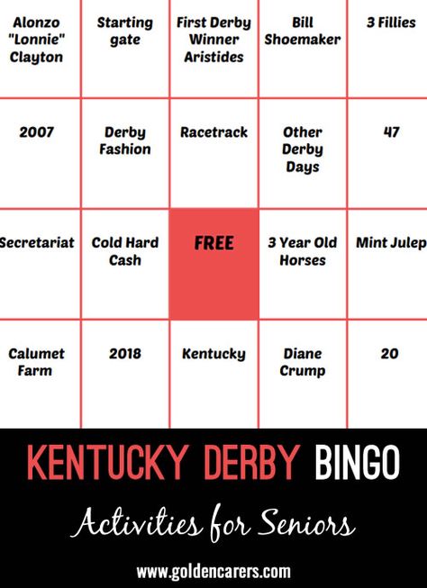 Kentucky Derby Bingo: Kentucky Derby-related items, fashion and facts presented in a bingo-style game. Derby Dinner, Horse Race Game, Bingo Printable, Horse Diy, Derby Day, Diy Activities, Free Activities, Dance Fashion, Home Activities