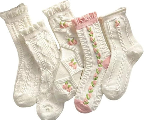 5 Pairs White Cute Socks, Women's Lace Ruffles Ankle Casual Sock, Cottagecore Breathable Mid Tube Socks, Floral Crew Socks (White,Onesize) at Amazon Women’s Clothing store Flower Socks, Floral Socks, 일본 패션, Ruffled Socks, Lace Socks, White Socks, Cute Socks, Patterned Socks, Calf Socks