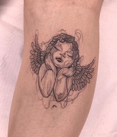 Tattoos For Child, Chin Tattoo Woman, Made With Love Tattoo, Thigh Tattoos Women Unique, Upper Knee Tattoo Women, Woman Arm Tattoo, Small Angel Tattoo, Crucifix Tattoo, Angel Tattoo For Women