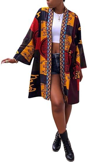 Amazon.com: Women's Casual African Geometric Patterns Print Long Sleeve Open Front Long Blouse Loose Tops Outwear Jacket Coat Multicolor : Clothing, Shoes & Jewelry African Clothing Styles Woman, African Print Tops, Mode Kimono, African Print Clothing, Mode Boho, African Inspired Fashion, African Print Dresses, African Print Fashion Dresses, African Clothing Styles