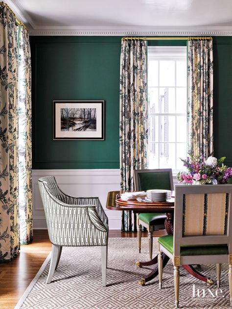 Green Wall Color, Dark Green Walls, Green Dining Room, Graphic Design Studio, Luxe Interiors, Interiors Design, Leather Dining Chairs, Mug Design, Dining Room Walls